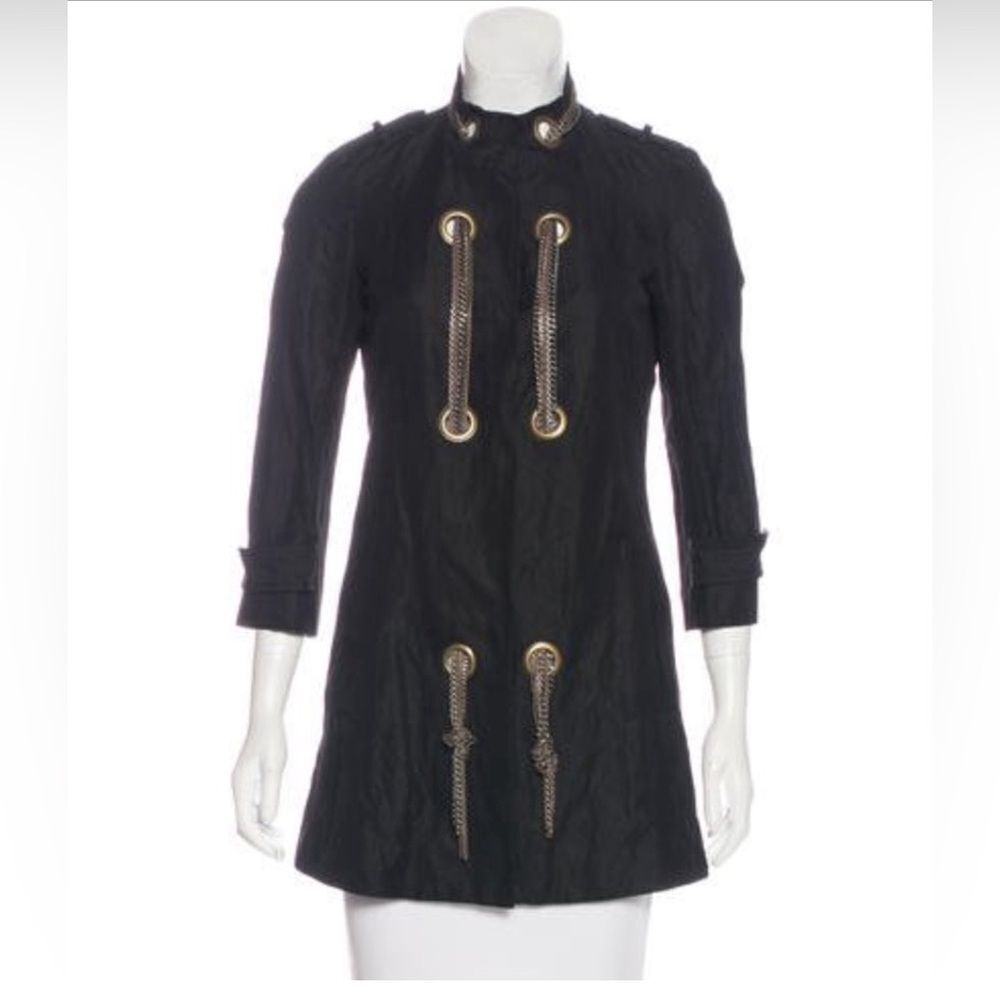 GRYPHON EMBELLISHED TWILL JACKET black cotton blend snap front chain Grommet